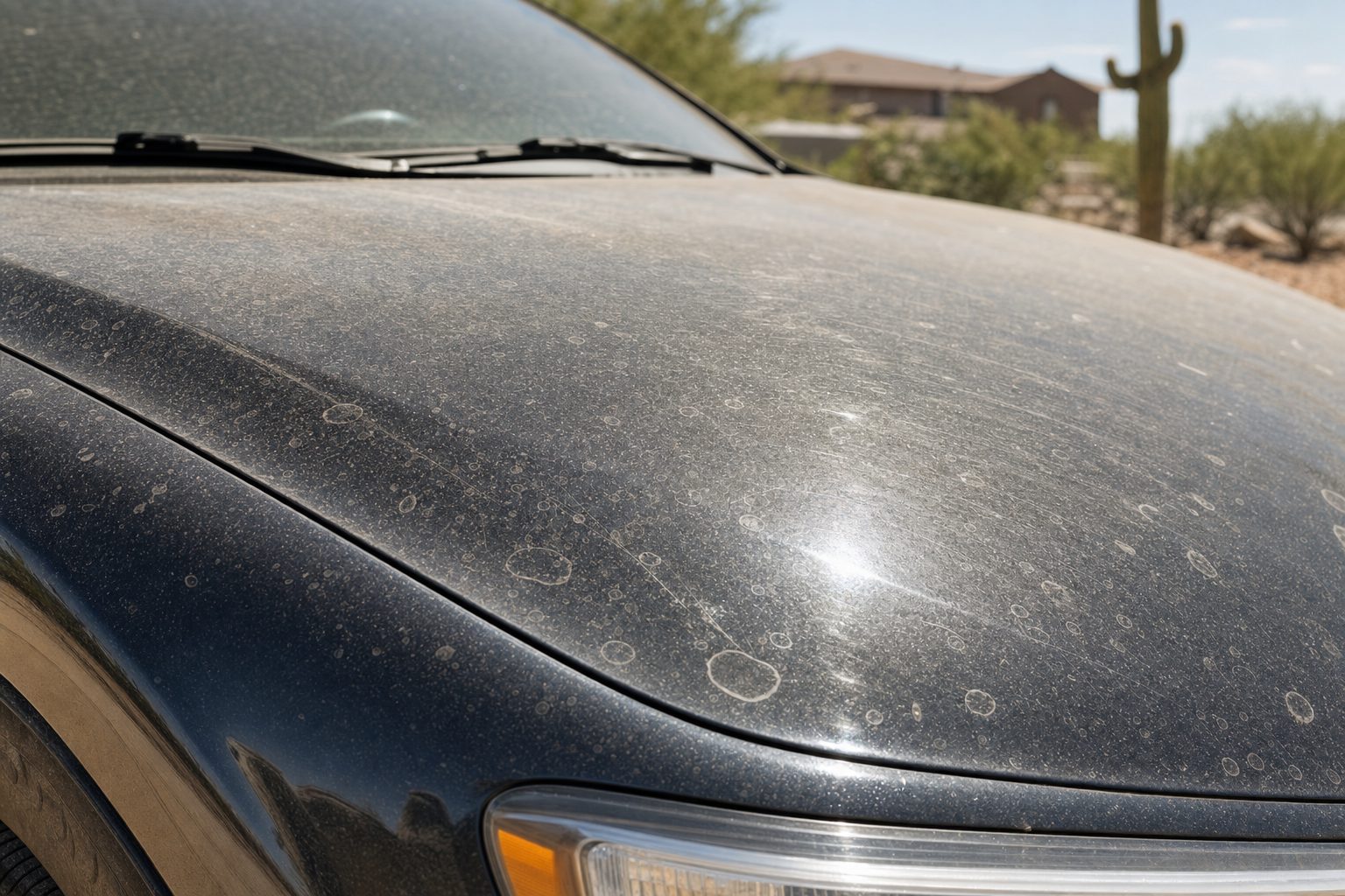 Close-up of a dark car hood covered in fine desert dust with dried hard-water spot rings and faint swirl marks in harsh sunlight