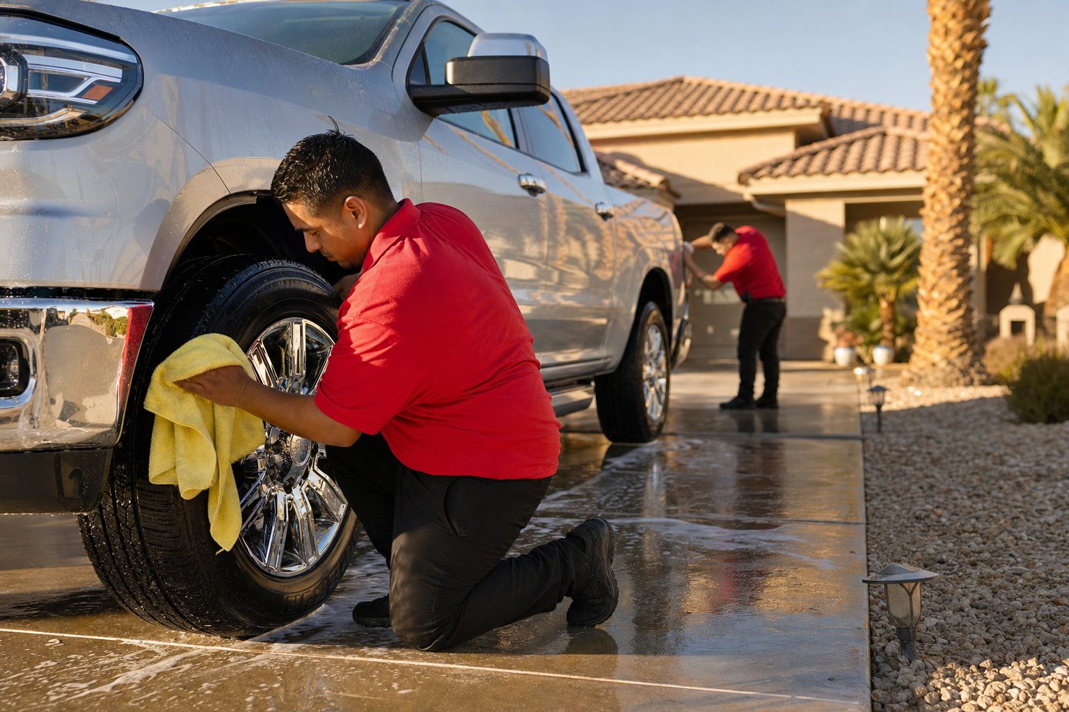 Two detailers in red shirts washing a silver pickup truck in a desert residential driveway at golden hour